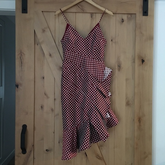 KEEPSAKE THE LABEL Sleeveless Polka Dot Asymmetrical Ruffle Crimson Dress Size S - Picture 2 of 9